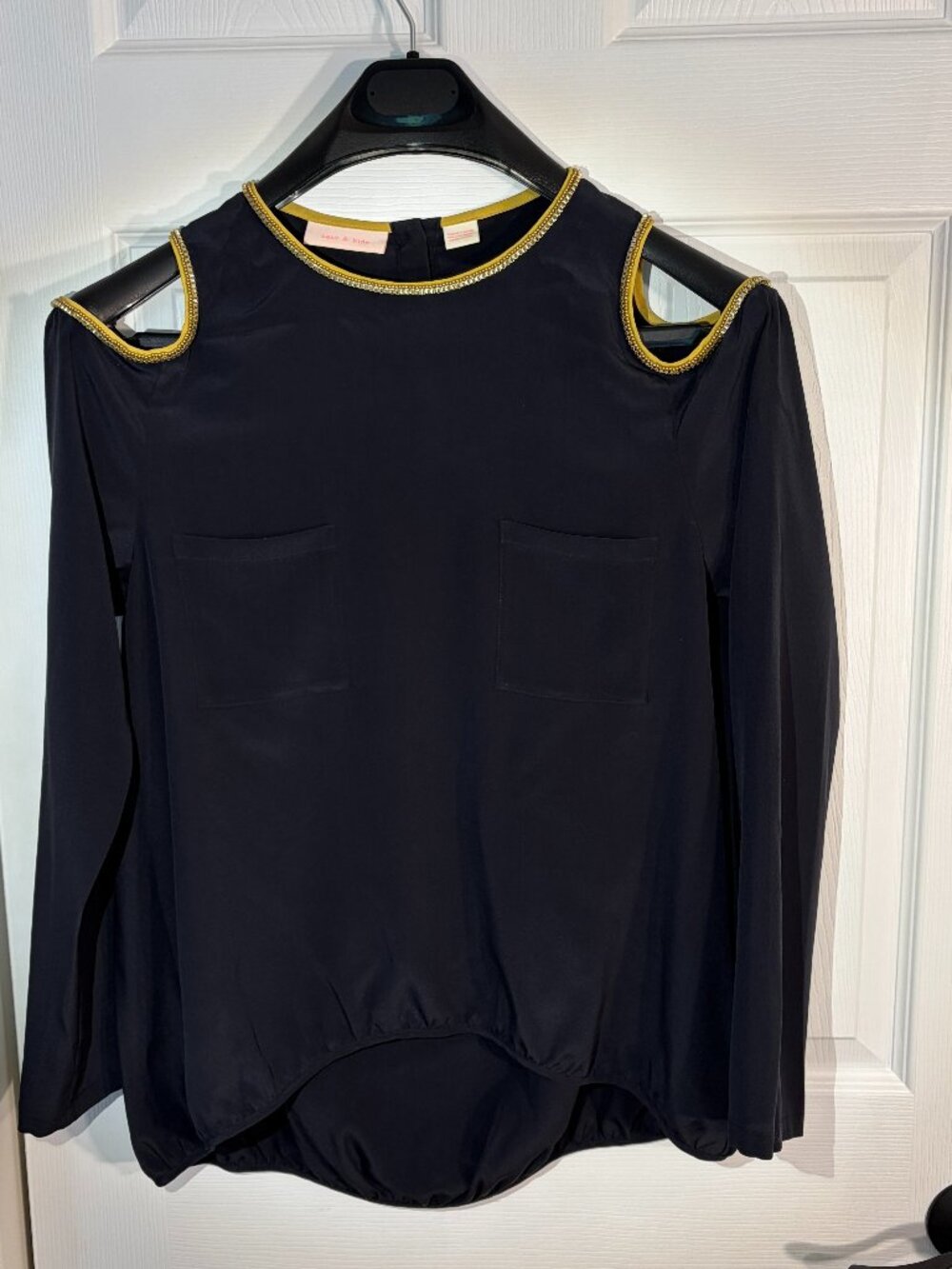 Sass & Bide Navy 100% Silk Cold Shoulder Gold Trim Blouse US 4